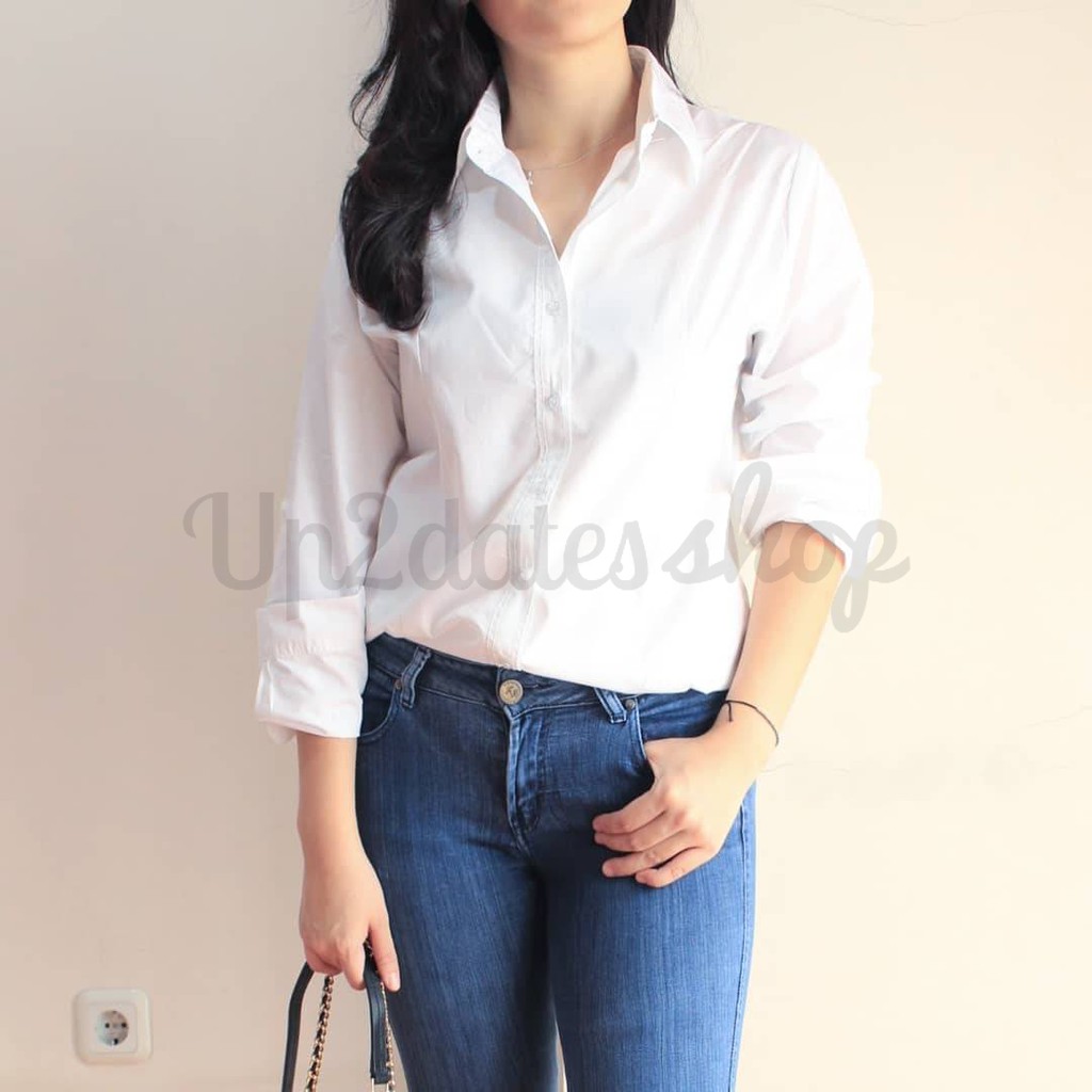 Kemeja Wanita Cewek Warna Putih Polos Atasan Lengan Panjang Kerja Modern Size M L XL Jumbo XXL XXXL-2