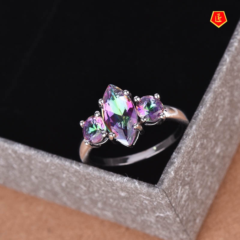 [Ready Stock]Creative Vintage Inlaid Rainbow Color Topaz Ring