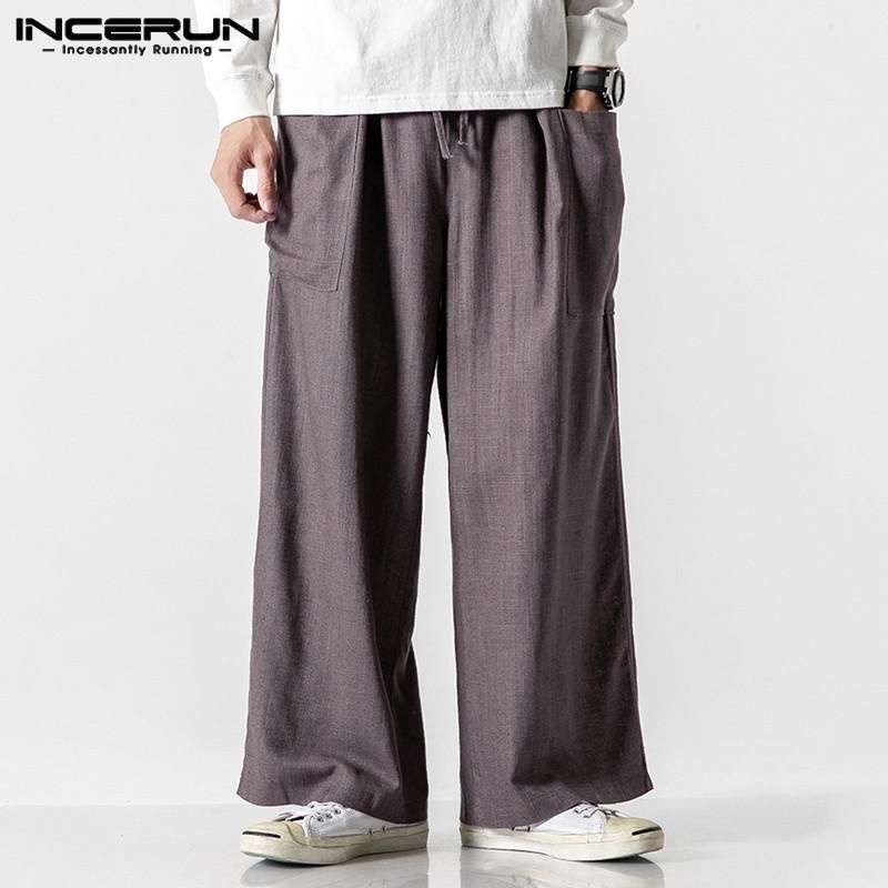 Celana Harem Pria Cotton Linen Pants Men's Chinese Pants Wide Leg Straight Loose