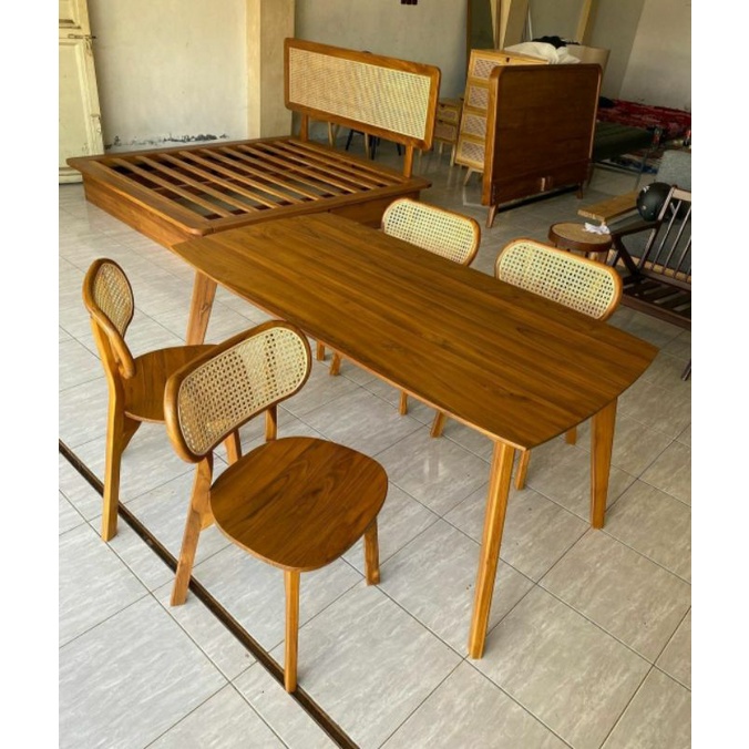 1 SET KURSI MAKAN ROTAN CAFE MINIMALIS RETRO NATURAL VINTAGE BAHAN KAYU JATI TUA DINNING CHAIR FURNITURE JEPARA-1