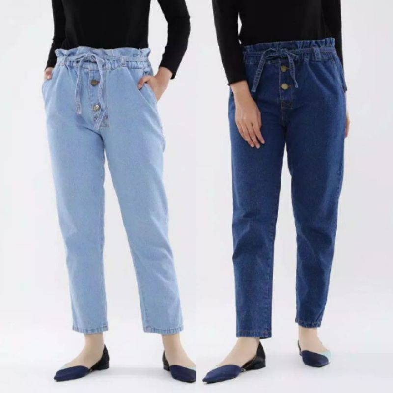 celana jumbo wanita baggy pant boyfriend jeans wanita pinggang karet melar