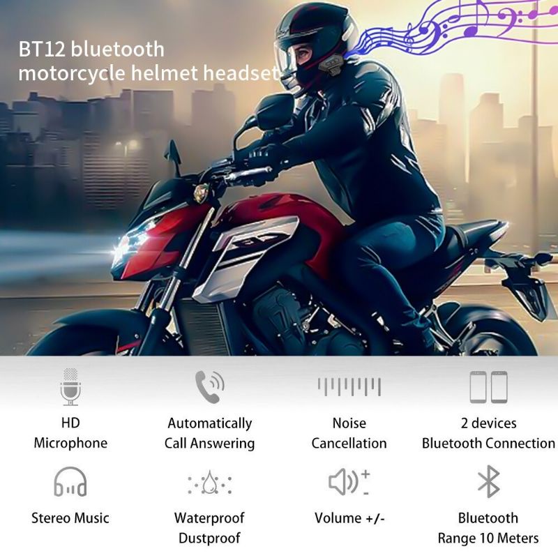 Vnetphone Intercom Headset Bluetooth Helm Motorcycle Wireless Anti Interference - BT-12 - Black