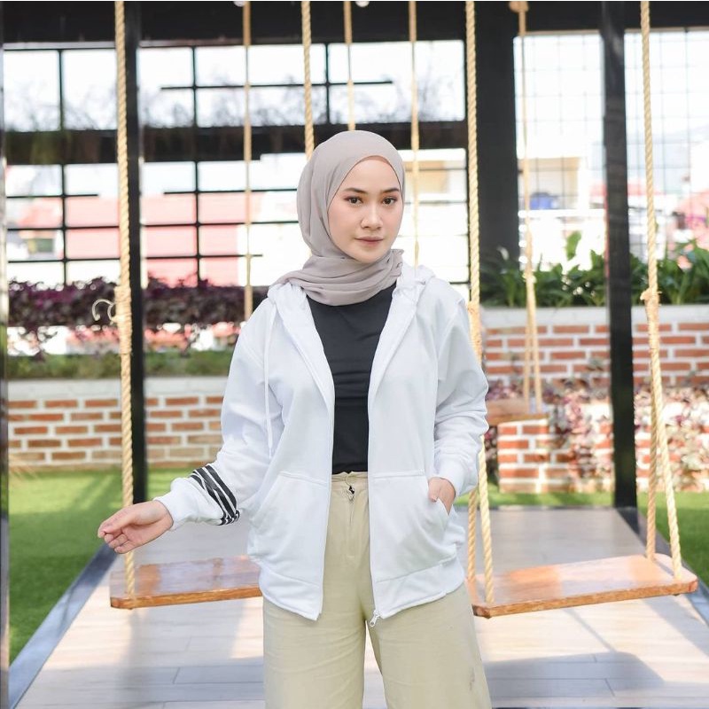 HOODIE ZIPER SWEATER WANITA - REGLAN SALUR HOODIE FLEECE TEBAL - HOODIE WANITA-Putih salur