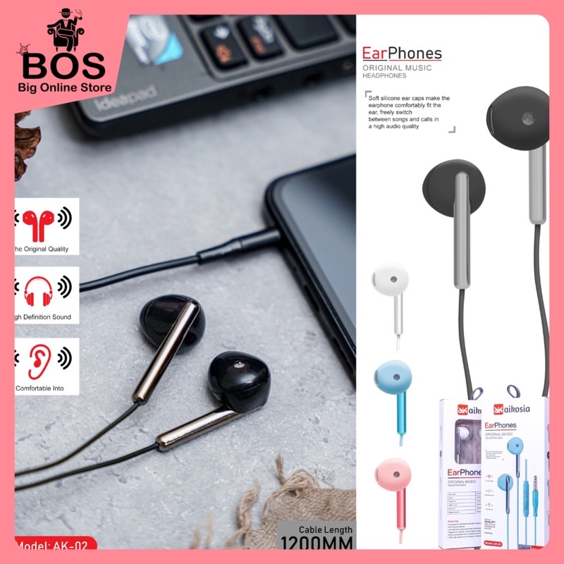 BOS - HF AIKOSIA MODEL AK02 | HANDSFREE EARPHONE HENDSET EXTRA BASS AK-02