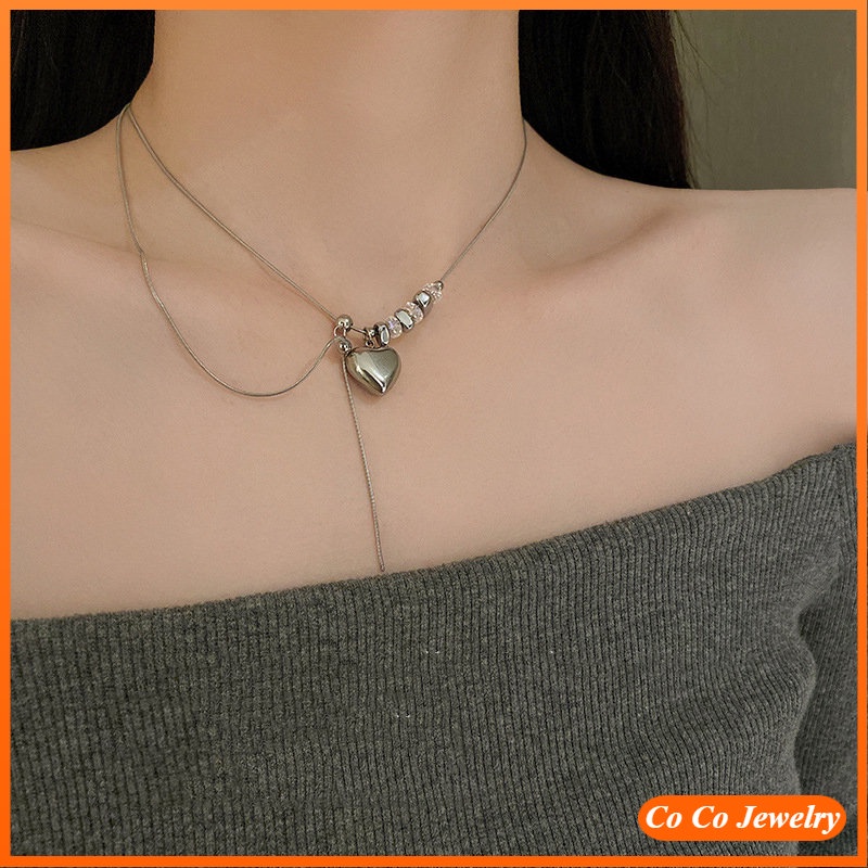 Versi Korea Dari Liontin Manik-Manik Cinta Kristal Baru Rantai Tulang Selangka Tren Fashion Kalung Perhiasan Wanita COCOJEWELRY