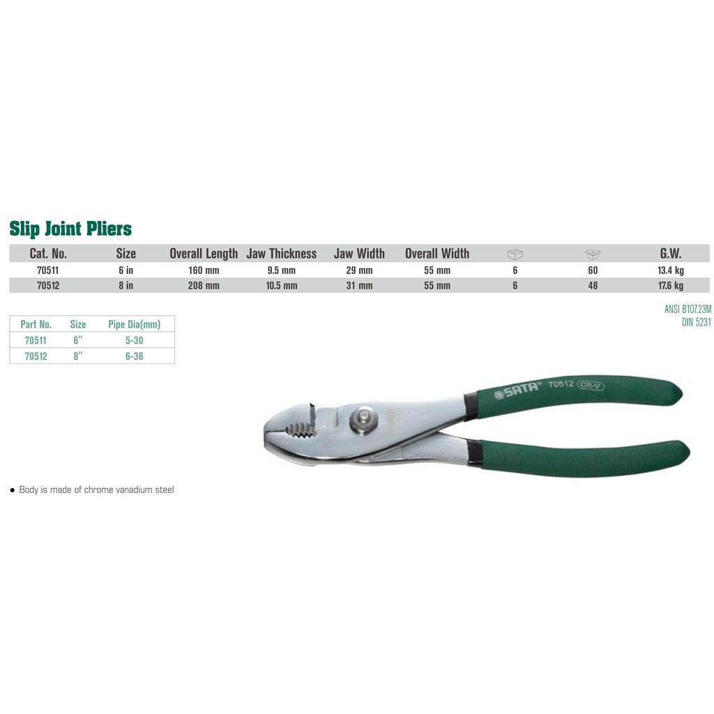 Tang Slip Joint 8 Inch - Slip Joint Pliers 70512 SATA TOOLS