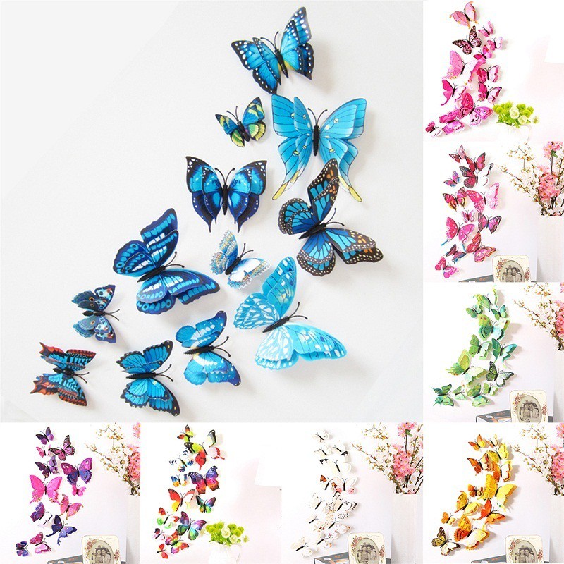 Download Ptr 12pcs Simulated Butterflies Wall Stickers 3d Butterfly Double Wing Wall Decor Art Decals Shopee Indonesia