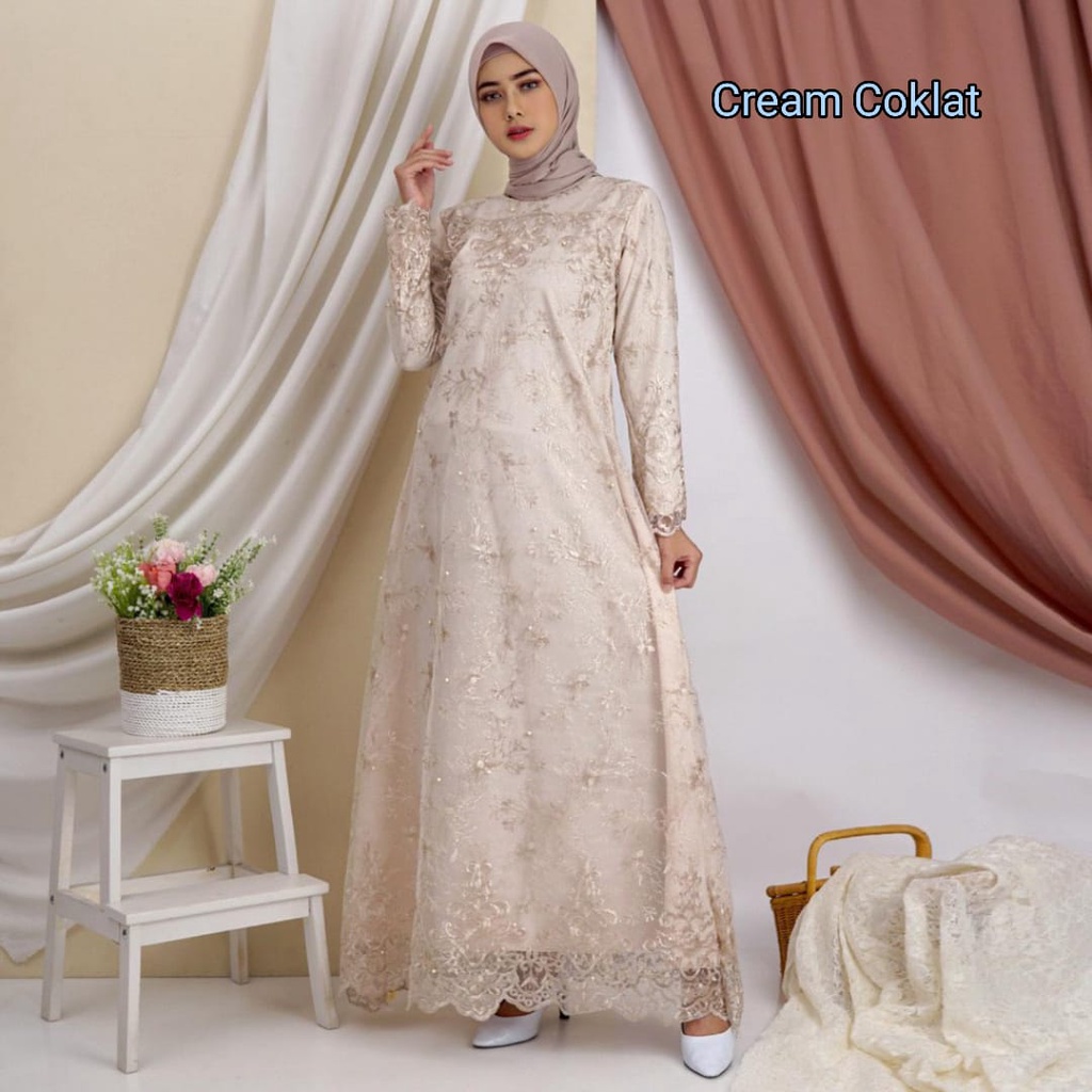 RED LOVE 136/(TERMURAH)/GAMIS BELLA FULL BRUKAT TILE FULL MUTIARA BORDIR/ GAMS MAXI TILE TERBARU/ GAMIS PESTA MEWAH MUSLIMAH/ GAMIS KEUNDANGAN / MAXI FULL DEPAN BELAKANG