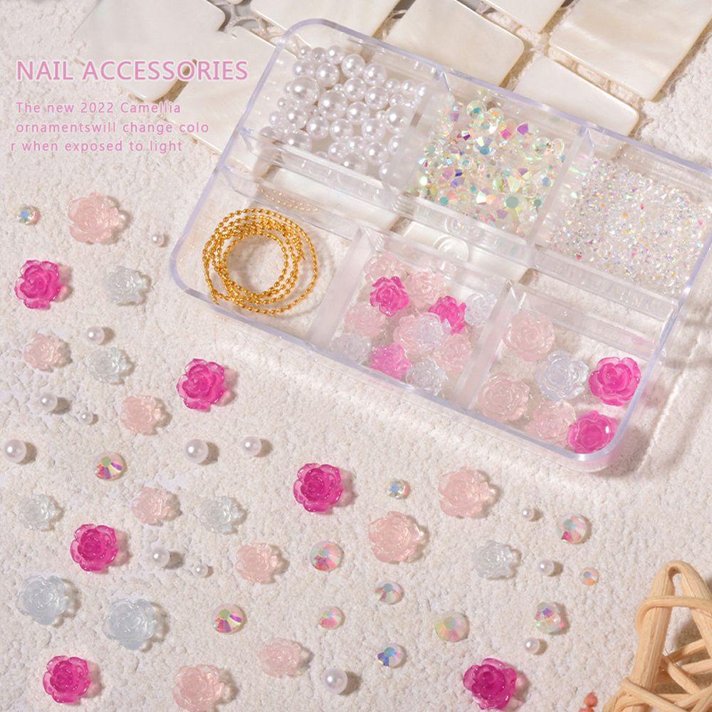 AUGUSTINA Agustina Dekorasi Nail Art Wanita Korea Steel Bead Camellia Flowers Nail Art Jewelry Light Change Hiasan Kuku