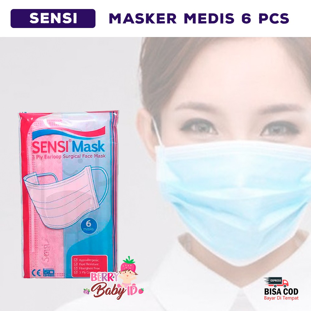 Sensi Surgical Face Mask Earloop 3 Ply Masker Medis isi 6 pcs Berry Mart