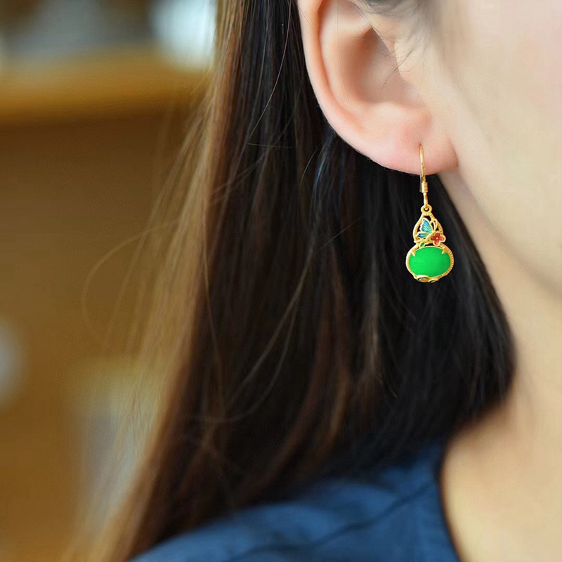 Fancyqube Anting Silver Inlaid Natural Hetian Jasper Froude Gourd Gaya China Retro Palace Untuk Wanita