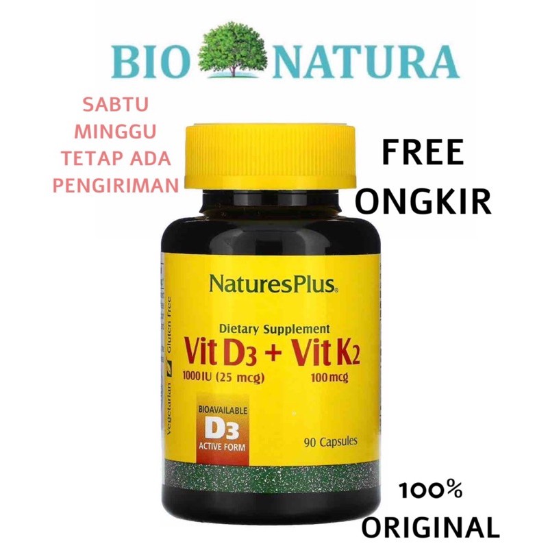 Nature plus vitamin D3 + k2 vit d 3 1000 iu 1000iu k2 100mcg 100 mcg 90 capsules capsul kapsul kaps