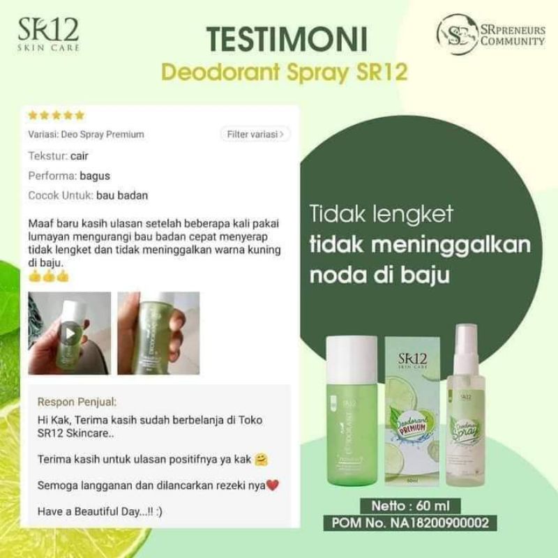 SR12 Deodorant Spray Premium - Ampuh Hilangkan Bau Badan - Pemutih Ketiak - Herbal BPOM