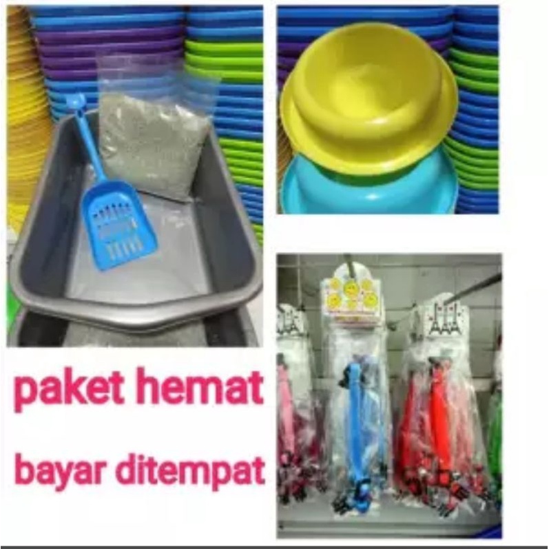 Bak Litterbox+Sekop+Tempat Makan+1KG Pasir EXTRA KALUNG 1 Set Murah Bak Pasir