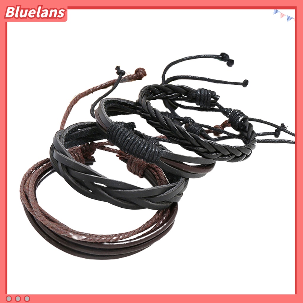 4pcs / Set Gelang Tali Kepang Multilayer Adjustable Handmade Bahan Kulit Imitasi Untuk Unisex