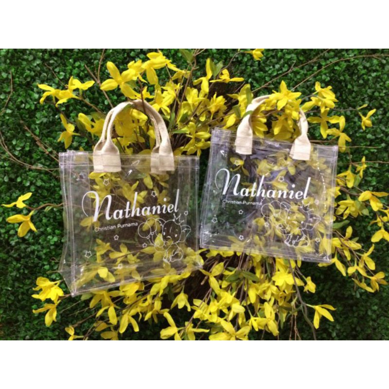 tas mika custom bahan mika tebal tali webbing katun sablon 1 warna min 50