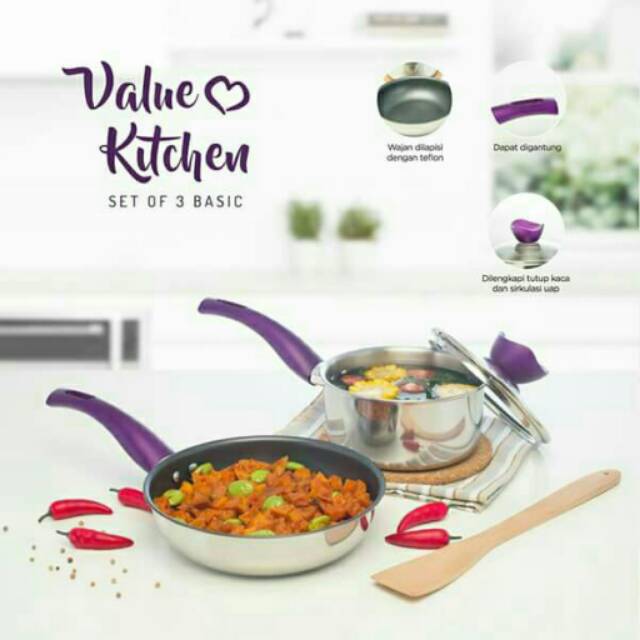 Value Kitchen Set, Wajan Teflon Panci Tutup Kaca Free Sutil dan Spons