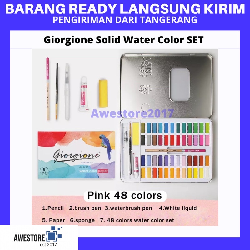 Giorgione 48 Warna Colors Solid Watercolor Cat Air Box Set Kuas Lukis