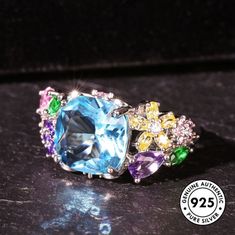 Cincin Silver S925 Aksen Batu Permata Bentuk Persegi Warna-Warni