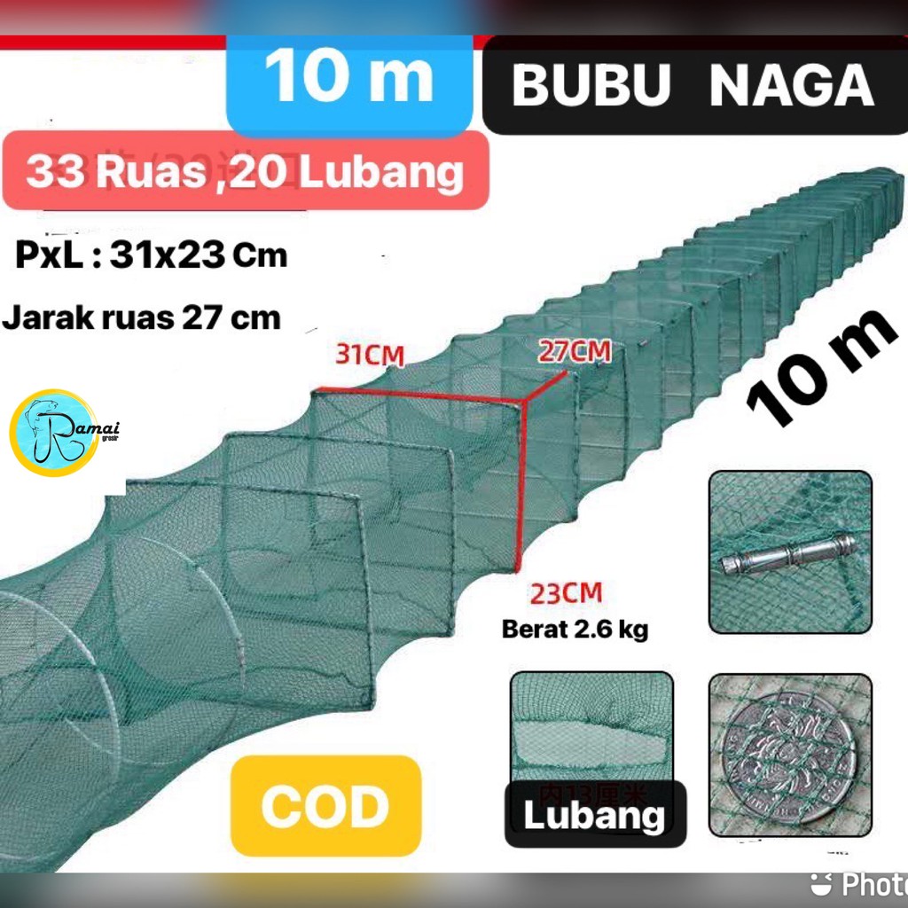 Jaring Bubu Naga Perangkap Udang Ikan Lipat Portable 33 Ruas 10 Meter