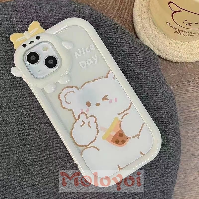 Soft Case TPU Motif Kartun Beruang Putih 3D Untuk iPhone 7 8 14 Plus 6 6S XR 14 11 13 12 Pro Max X XS Max SE 2020 14Pro Max