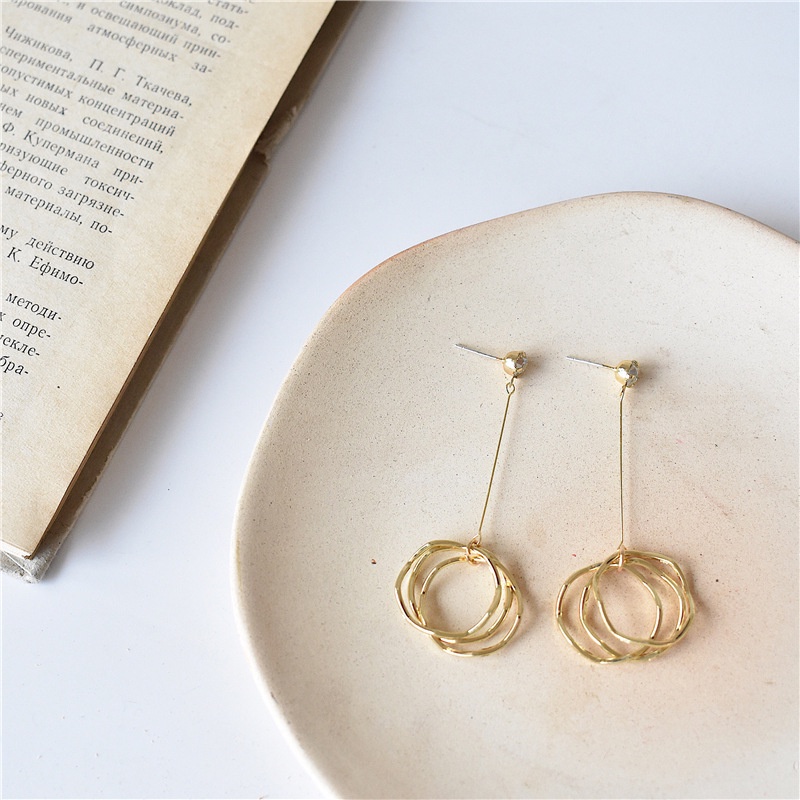 Anting Tusuk Gantung Panjang Bahan Sterling silver 925 Bentuk Bulat Warna Gold Untuk Wanita