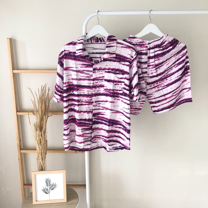 hirafa - One Set Setelan Atas Bawah Full Kancing / Baju Santai Tie Dye / Baju Wanita Pria-Stripe - Ungu