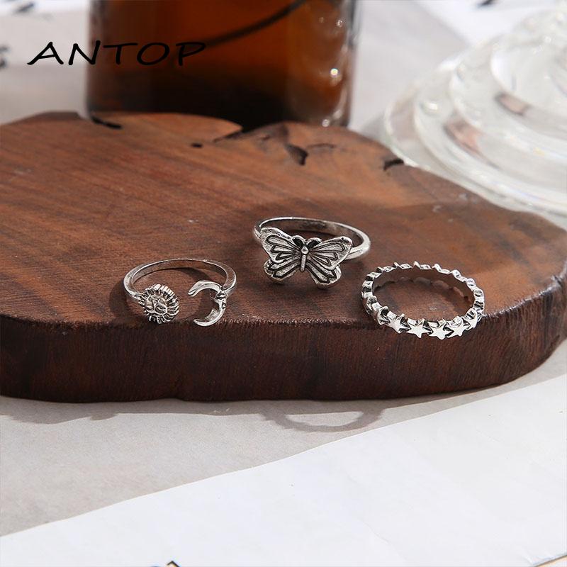 3pcs / Set Cincin Model Terbuka Desain Matahari Butterfly Gaya Retro