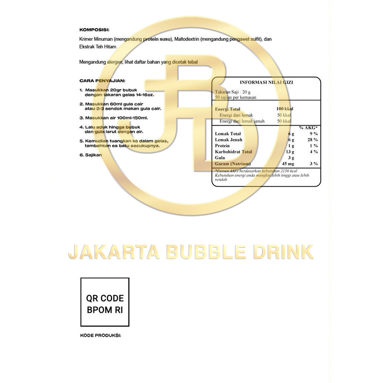 Bubuk Minuman Premium MILK TEA -Jakarta Bubble Drink | BPOM&amp;HALAL