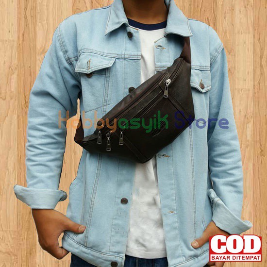 PROMO Tas Selempang Pria Waist Bag Slingbag Sling Bag Kulit Sapi Asli Motif Kulit Jeruk Murah