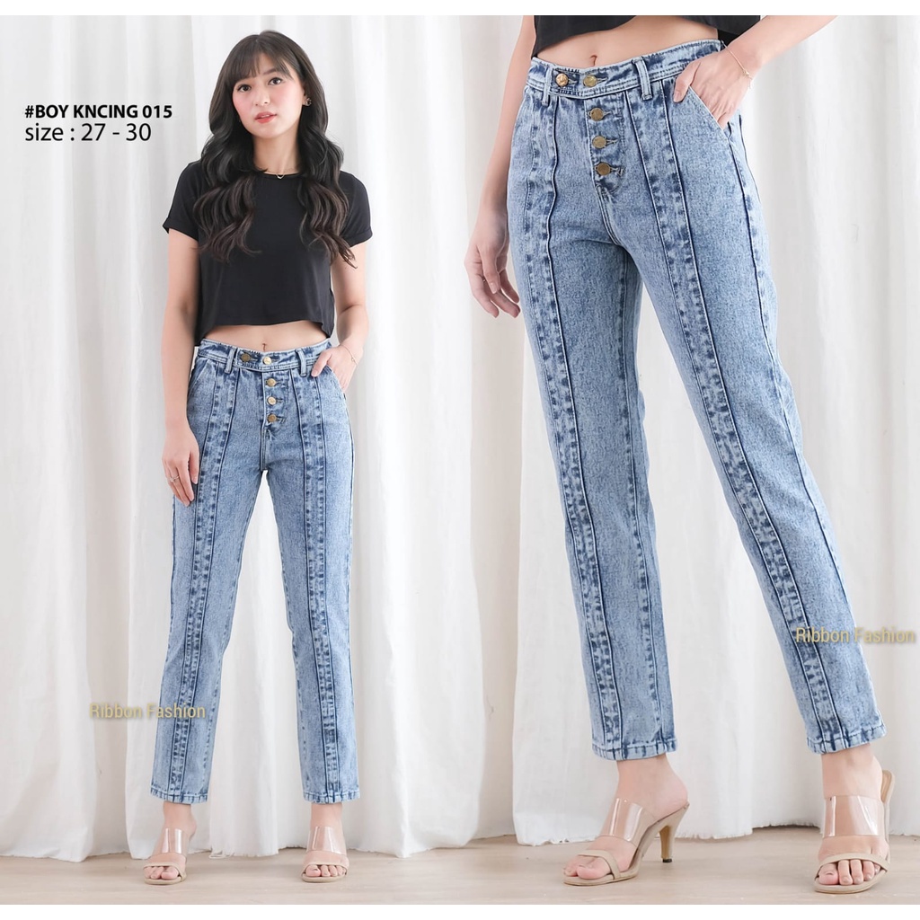 Ribbon Fashion - RF CELANA JEANS BOYFRIEND PANJANG KANCING LIMA WARNA SNOW WANITA / BOYFREND LEPIS G
