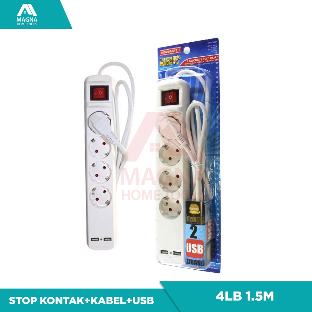 KABEL ROL STOP KONTAK COLOKAN LISTRIK 1,5M KOMPLIT 2 PORT USB ASLI KENMASTER