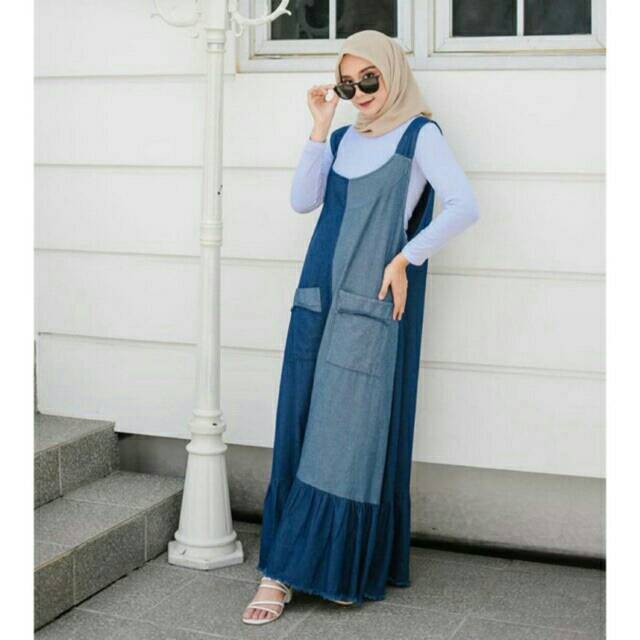 DELISHA OVERALL JEANS TWOTONE | OVERALL JEANS GRADASI | OVERALL DENIM SELEBGRAM