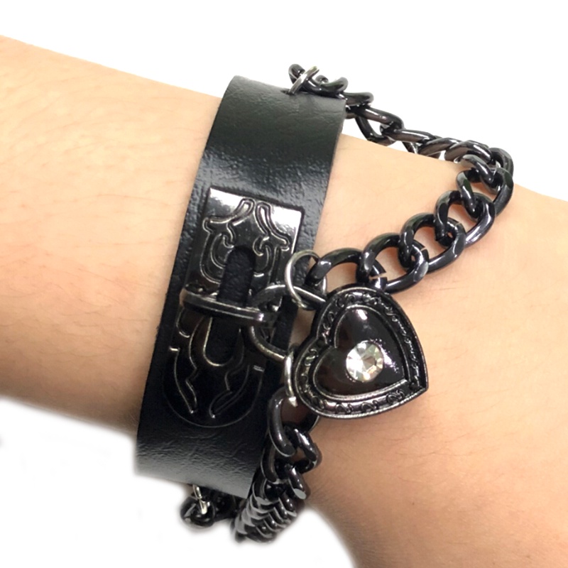 # Kaos T-Shirt Wanita Lengan Pendek Motif Print #Gelang Bahan Kulit Aksen Hati Berlian Imitasi Gaya Punk Gothic Untuk Wanita