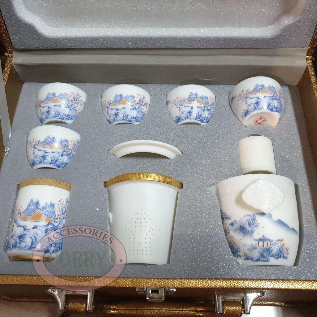 Teko Cangkir Tea Set Teh Putih Rumah Biru 6 Cangkir Keramik
