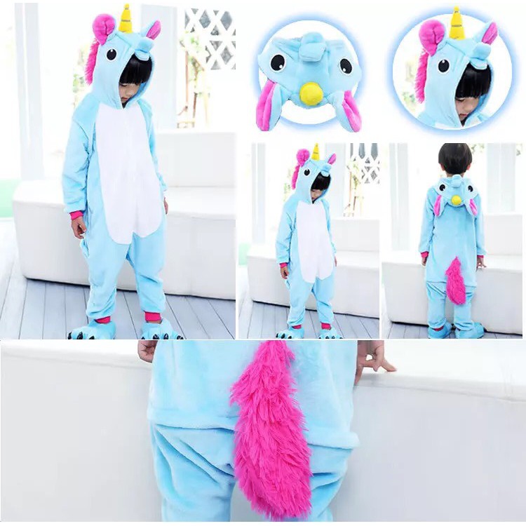 KOSTUM ONESIE UNICORN BASIC BLUE BIRU ANAK PIYAMA COSPLAY PESTA