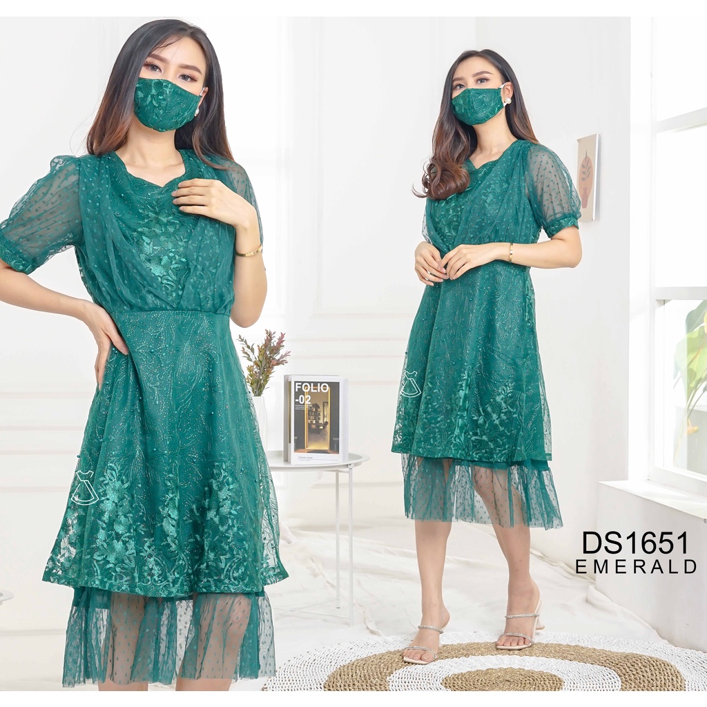 DS1651 - Dress Party Tile Bordir Midi Dress Natal