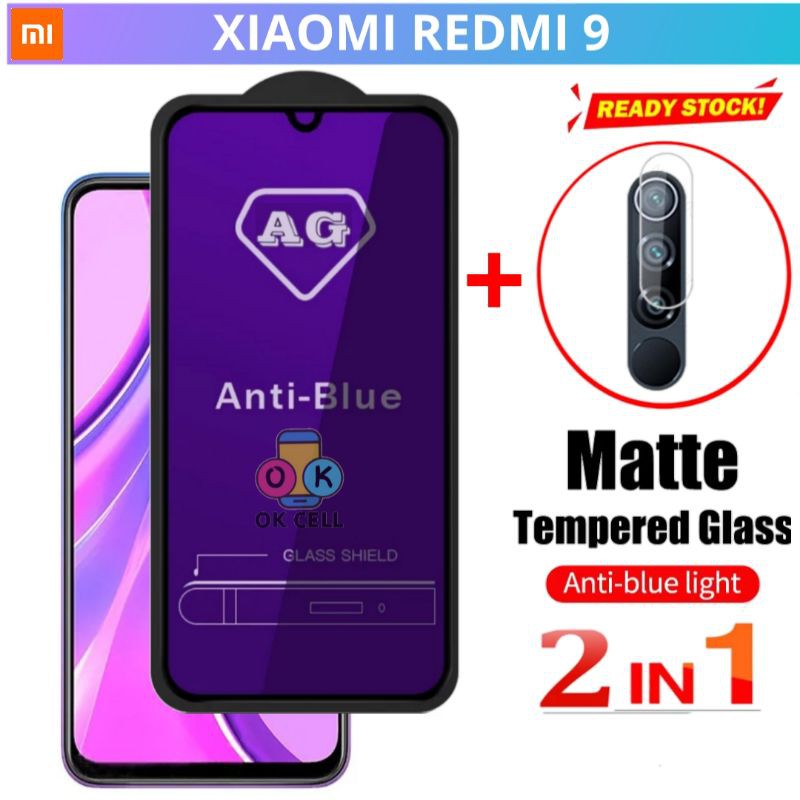 2IN1- Tempered Glass TG Anti Gores Blue Matte Redmi 9 Radiasi Full Layar Kamera Screen Protector
