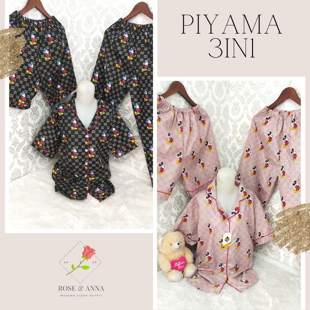 Baju Tidur / Piyama Perempuan Kerah Gucci Mickey Mouse 3in1
