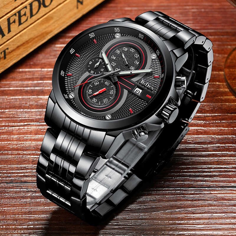 JAM TANGAN PRIA BIDEN 0085 BLACK FASHION / SPORT MODEL KLASIK ANTI AIR QUARTZ STRAP RANTAI