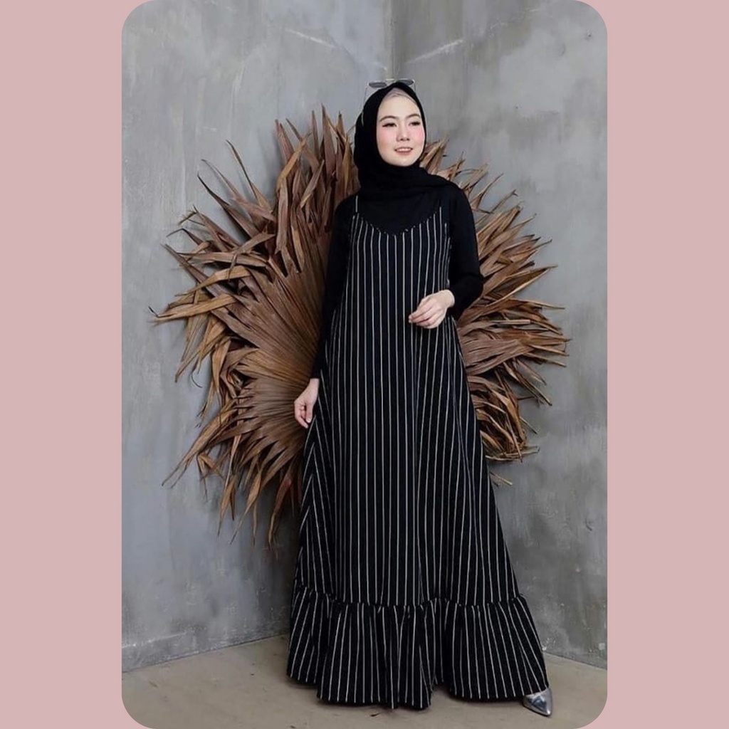 MODI Overall FREE BELT terbaru kekinian viral simpel elegan Gamis Dress wanita Remaja  Muslim Terbaru Motif Salur Bergaris Murah warna mocca, hitam, marun dan navy ( + inner maupun tidak )