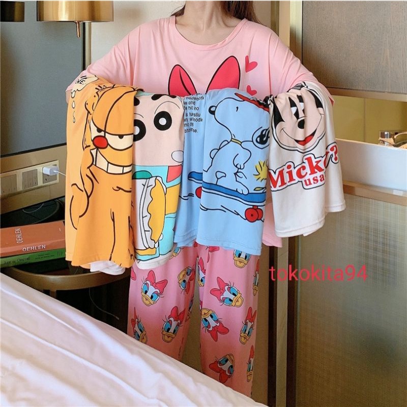 Piyama Korea  Import Wanita Lengan Panjang 1 Set - Piyama Import Lembut Adem - Pakaian Tidur Wanita