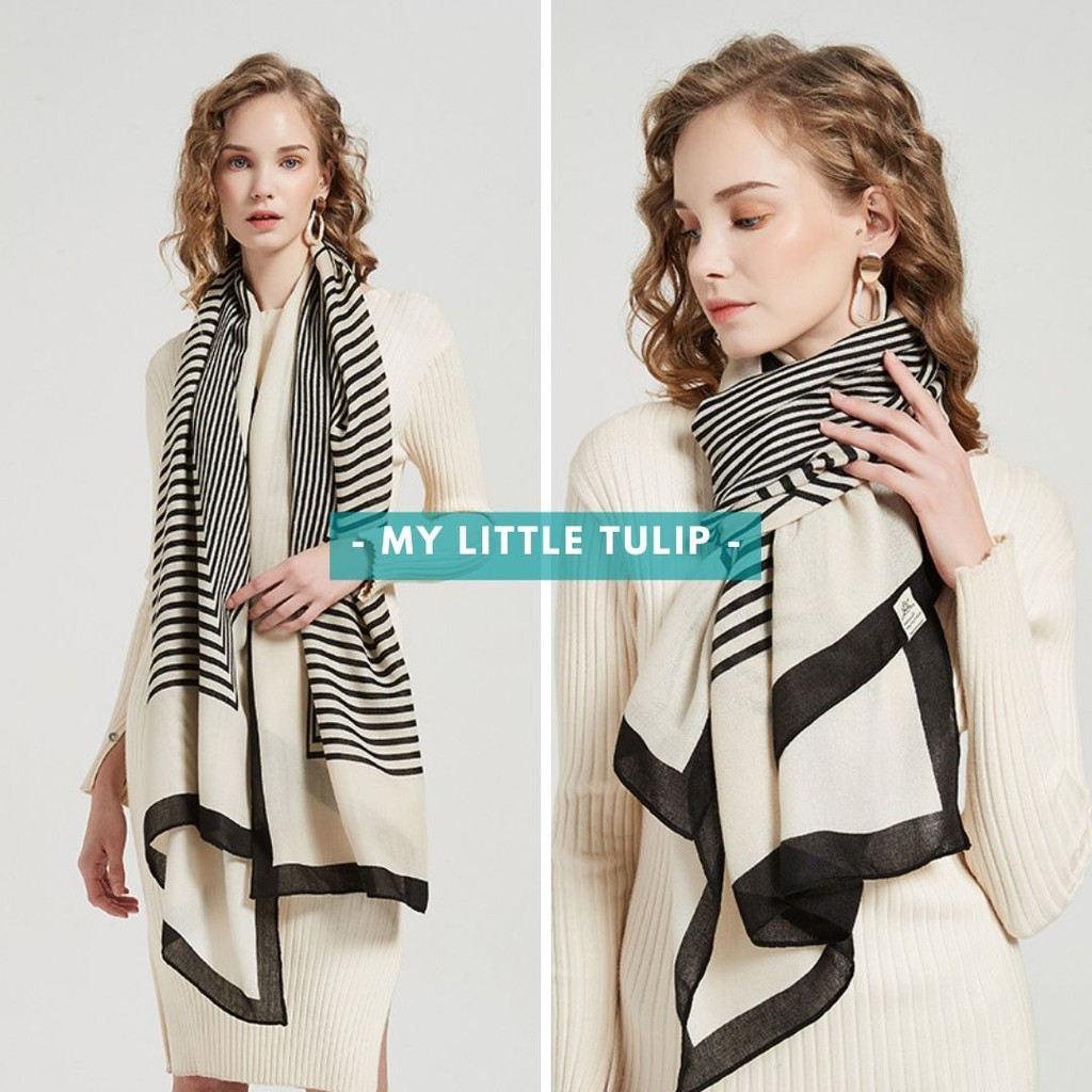 Scarf Syal Kerudung Wanita Import Motif Garis Pashmina Modern Elegant Scarf Modern Hijab Kain Halus-1