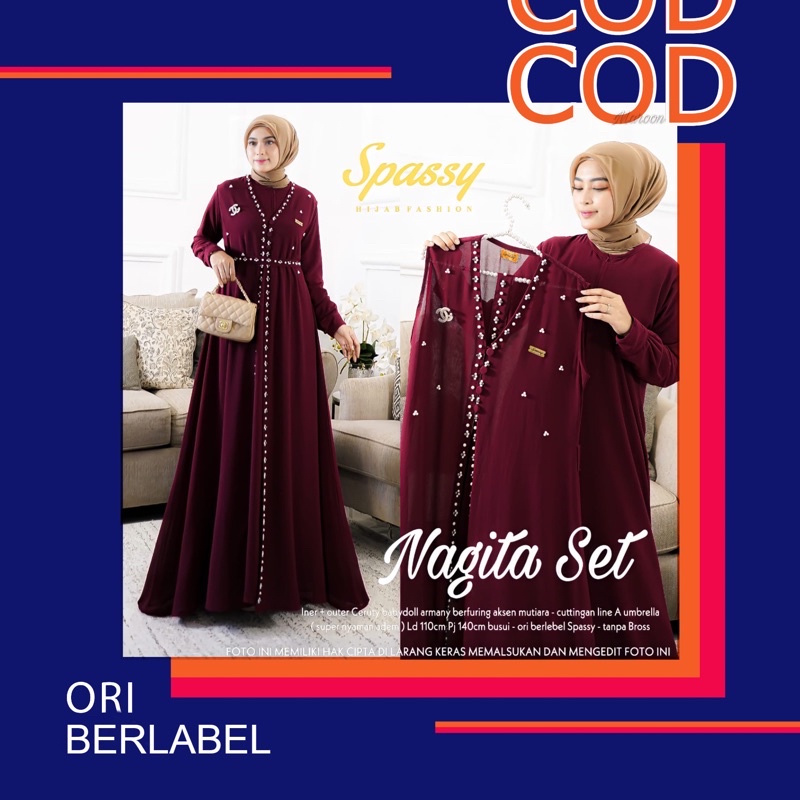 Nagita Set Ori by Spassy Gamis Maxi Dress Bahan Ceruti Babydoll Full Furing + Outer LD 110 PB 140