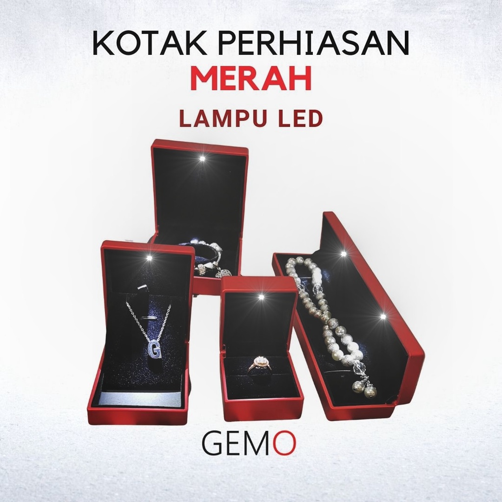 Kotak Perhiasan Berlampu Warna Merah Set / Cincin / Liontin / Gelang / Kalung Koye / Jewelry Box Tempat Perhiasan Lampu LED Murah Cocok Untuk Gift / Hadiah, Lamaran, Mahar Pernikahan, Hantaran Tunangan, Seserahan Pernikahan