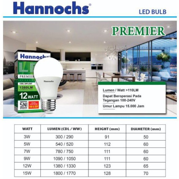 Lampu LED PREMIER 3 Watt/ 5 Watt/ 7 Watt/ 9 Watt/ 12 Watt/ 15 watt Hannochs