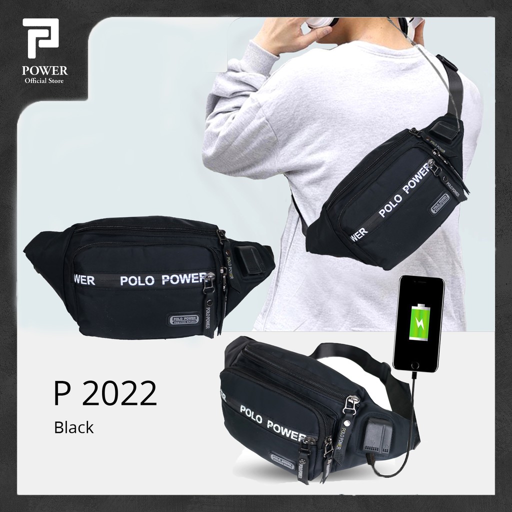 Tas Pinggang Pria Polo Power Waist bag Waterproof Import Tas Slempang Anti Air Sling bag USB Portable Tas Polo Original