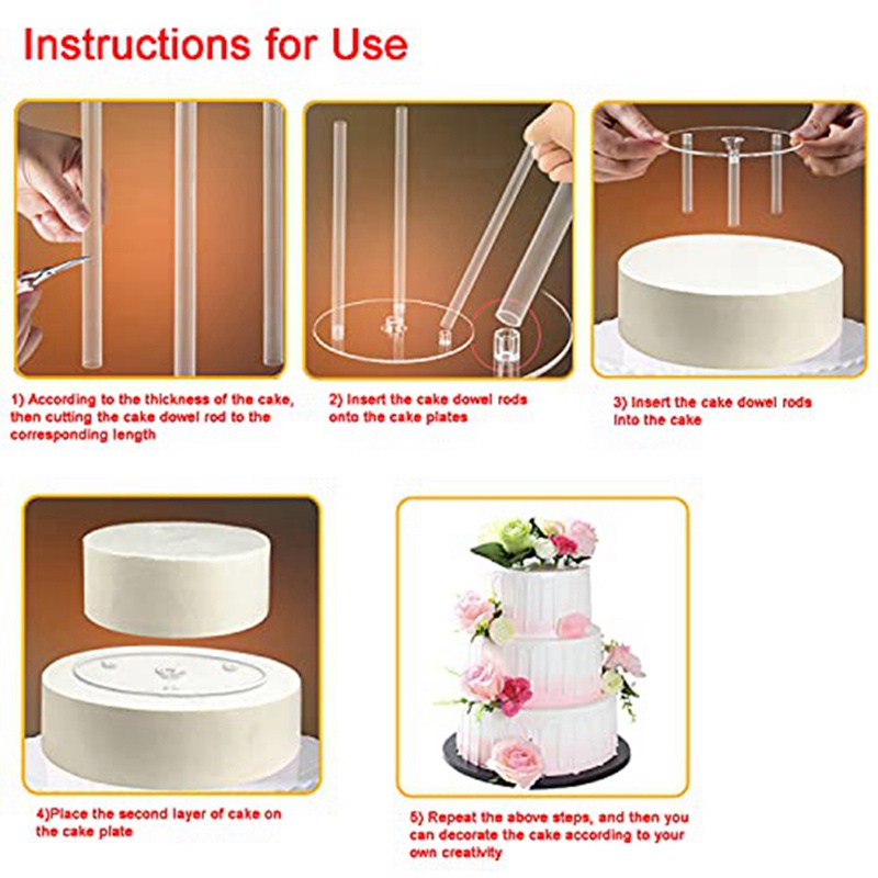 Cake Plate,5 Cake Stand, Cake Base (9/12/16/20/20 cm) with 15 Dowel Rods, Reusable for Tiered Stacked Cakes, for Wedding