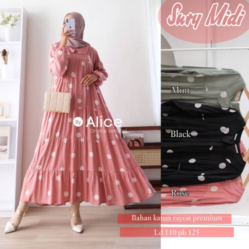 SURY MIDI DRESS / MIDI DRESS BAHAN RAYON PREMIUM / MIDI DRESS POLKA / DRESS RAYON PREMIUM / GAMIS