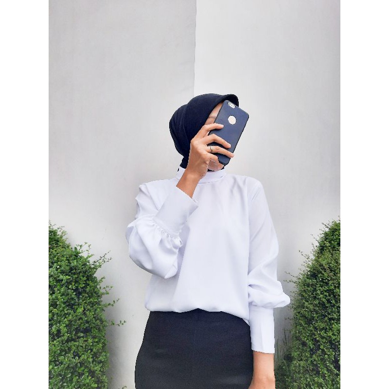 Ladies Project - Kila Blouse Lilac & White - Baju Lengan Balon - Baju Tangan Balon  - Blouse Putih -